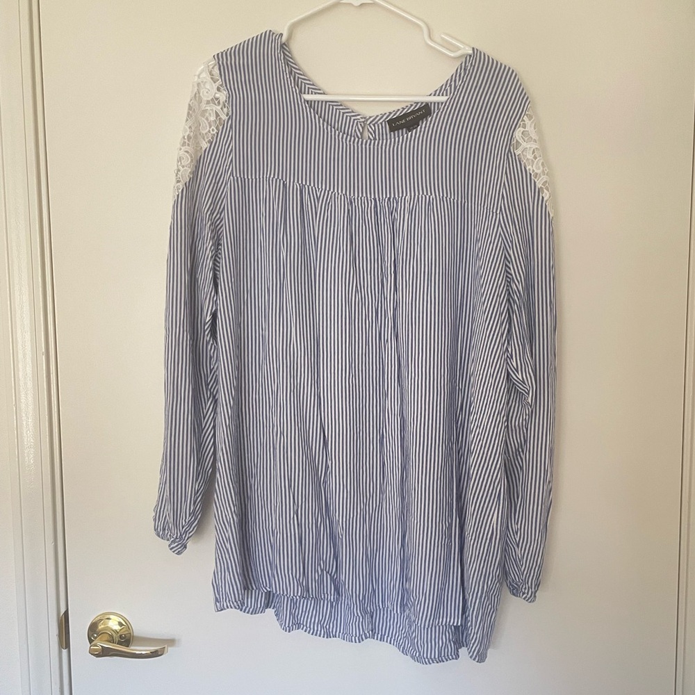 Lane Bryant Blue and White Striped Blouse with Lace Shoulder CutOuts